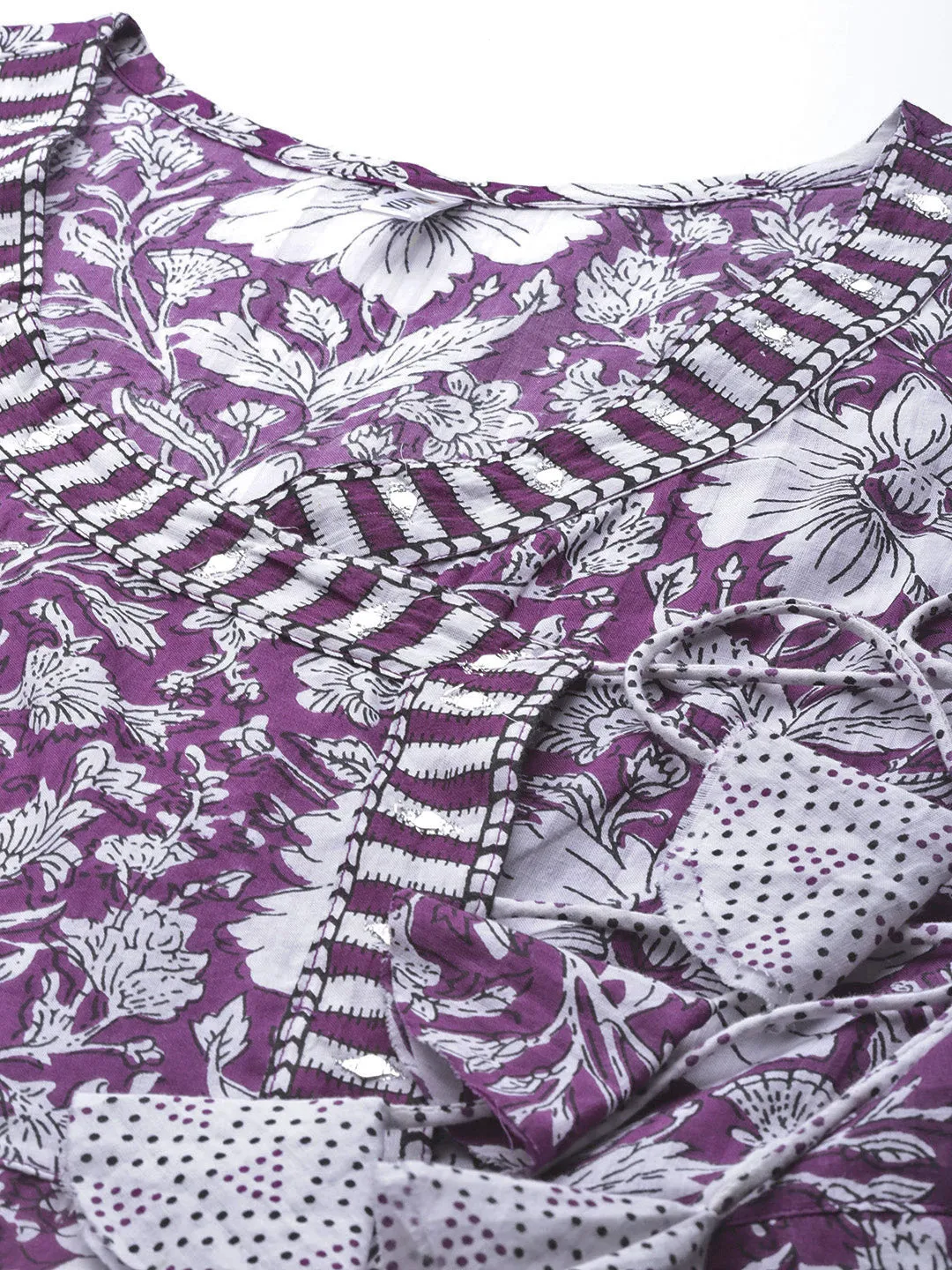 Women Lavenderand White Floral Printed Cotton A Line Kurta Pant & Dupatta Set