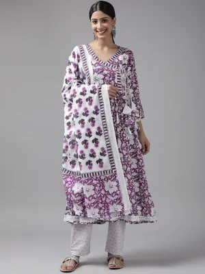 Women Lavenderand White Floral Printed Cotton A Line Kurta Pant & Dupatta Set
