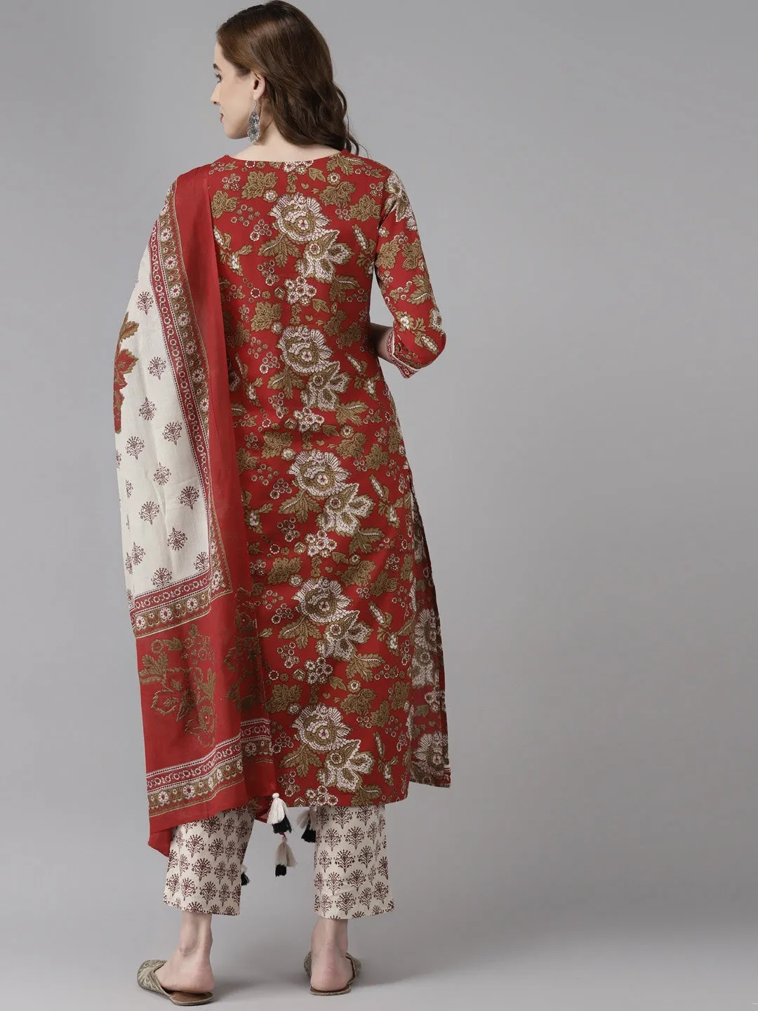 Women Maroon Floral Printed Dupatta Set