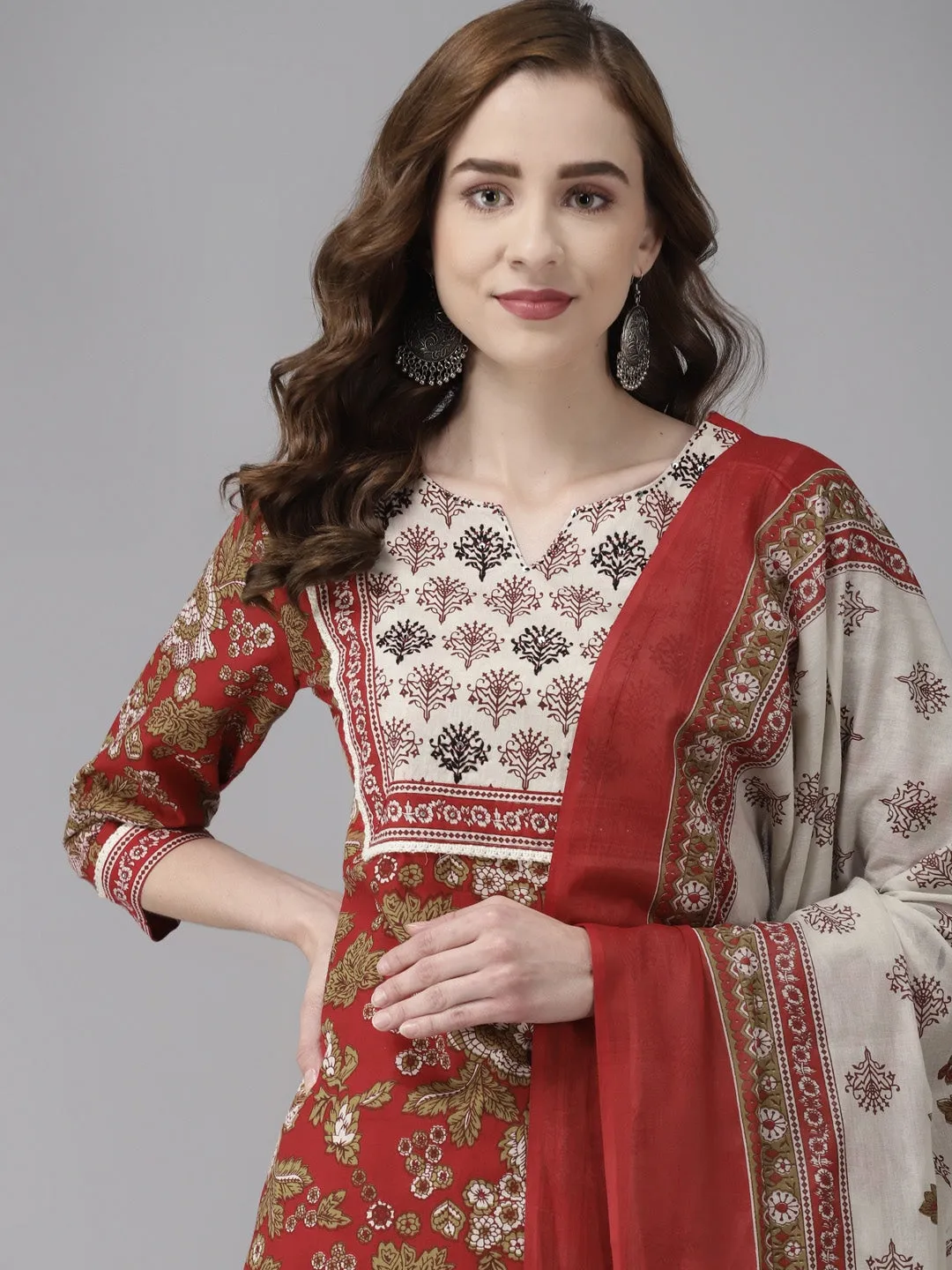 Women Maroon Floral Printed Dupatta Set