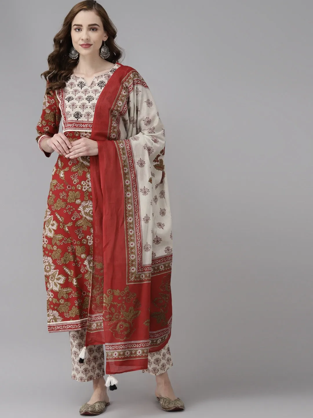 Women Maroon Floral Printed Dupatta Set