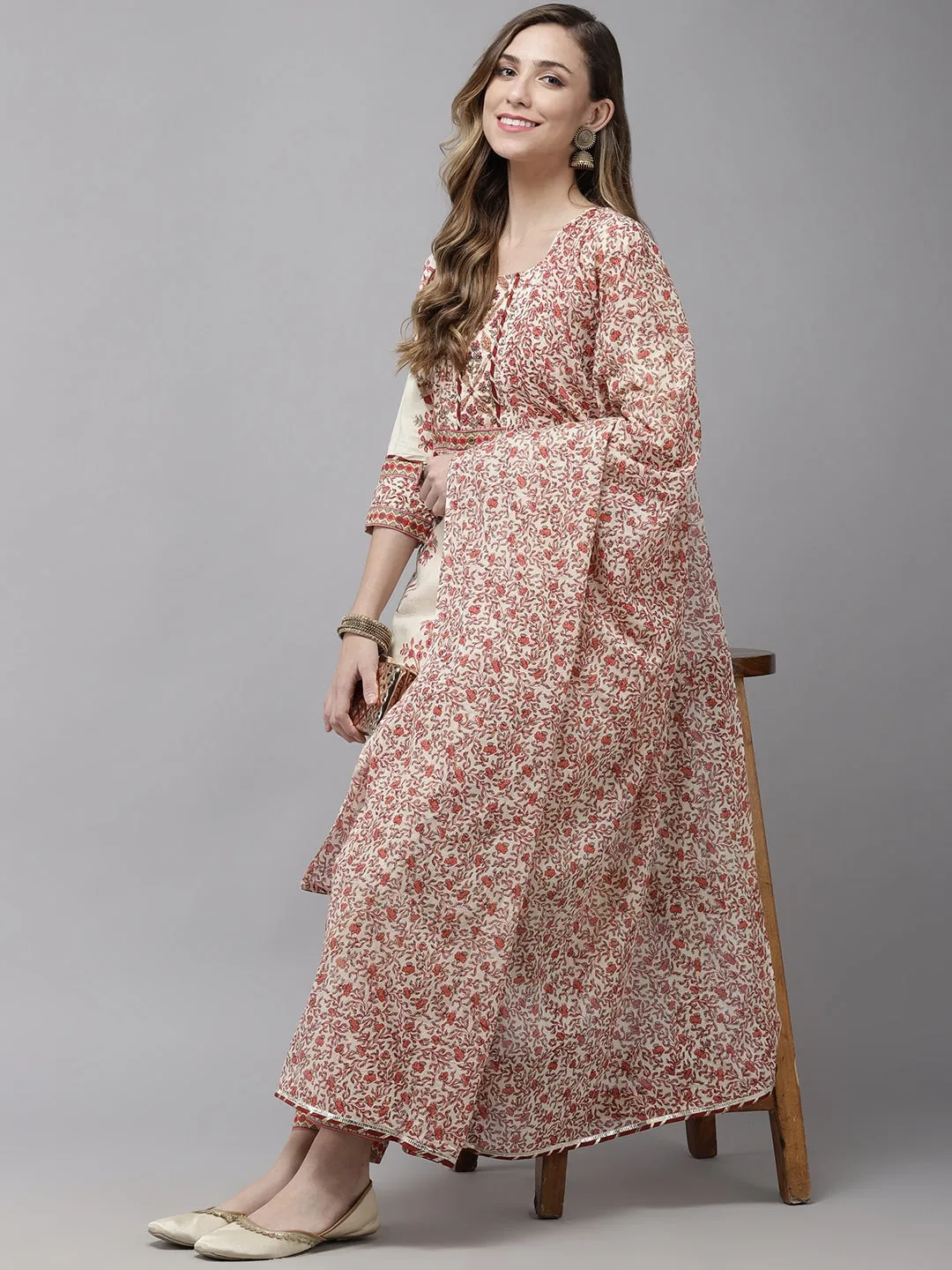 Women Off-White Printed Dupatta Set