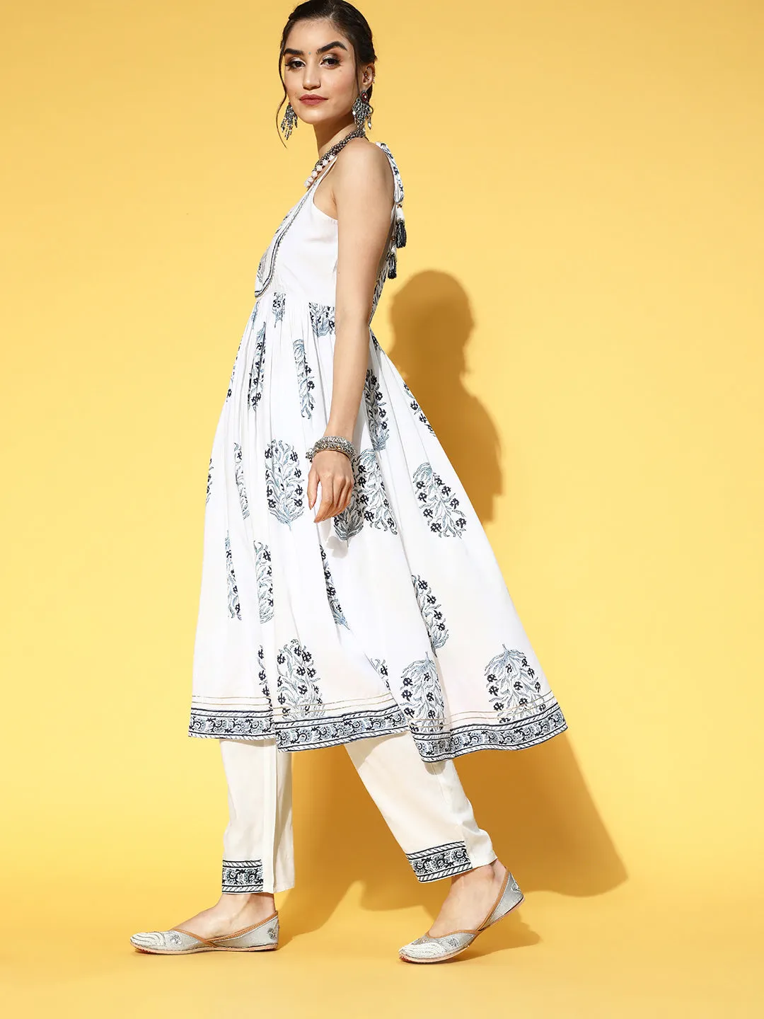 Women White & Blue Floral Handblock Printed Empire Gotta Patti Kurta Set & Dupatta