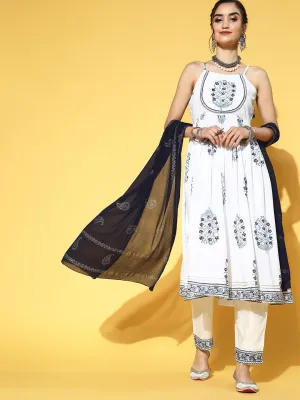 Women White & Blue Floral Handblock Printed Empire Gotta Patti Kurta Set & Dupatta