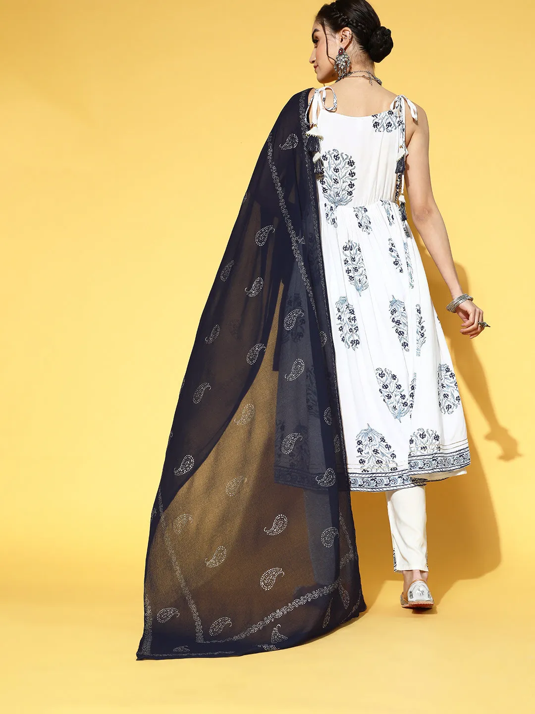 Women White & Blue Floral Handblock Printed Empire Gotta Patti Kurta Set & Dupatta