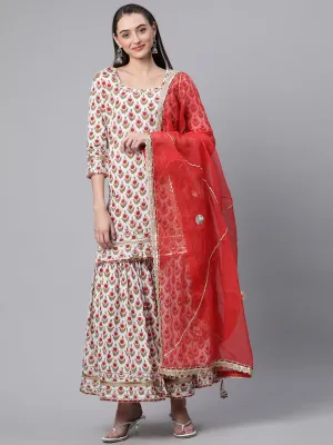 Women White Floral Print Cotton Kurta Set