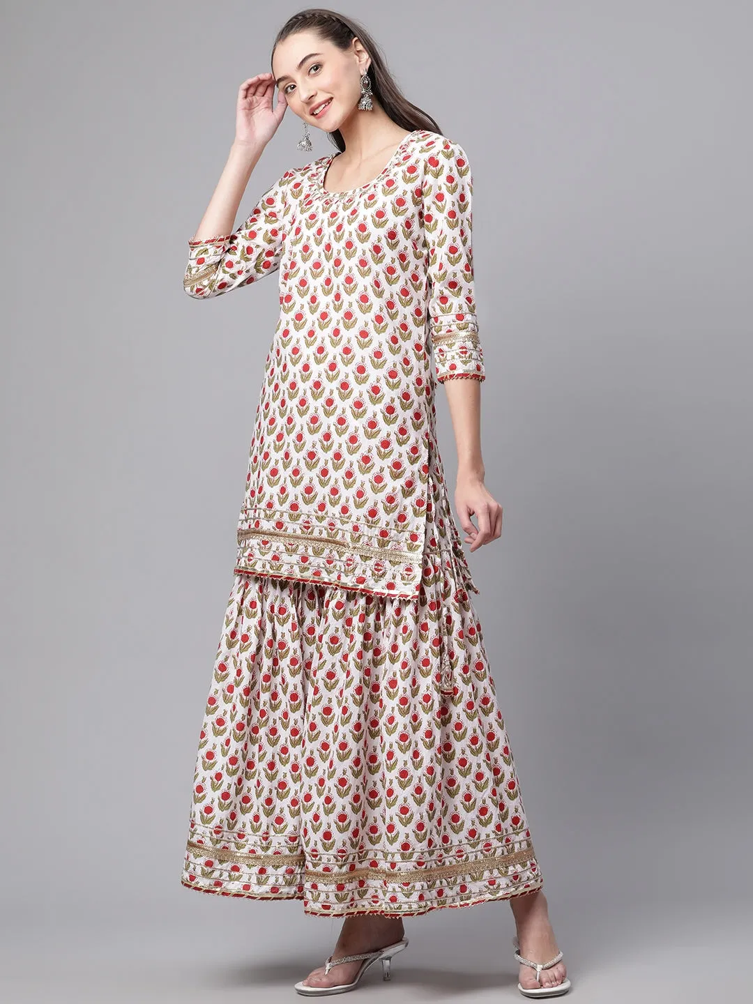 Women White Floral Print Cotton Kurta Set