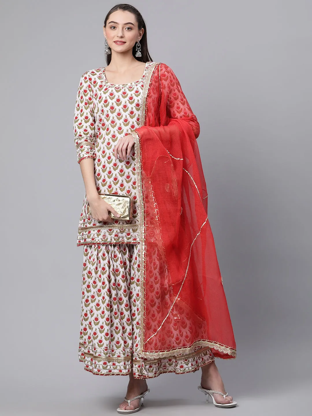 Women White Floral Print Cotton Kurta Set