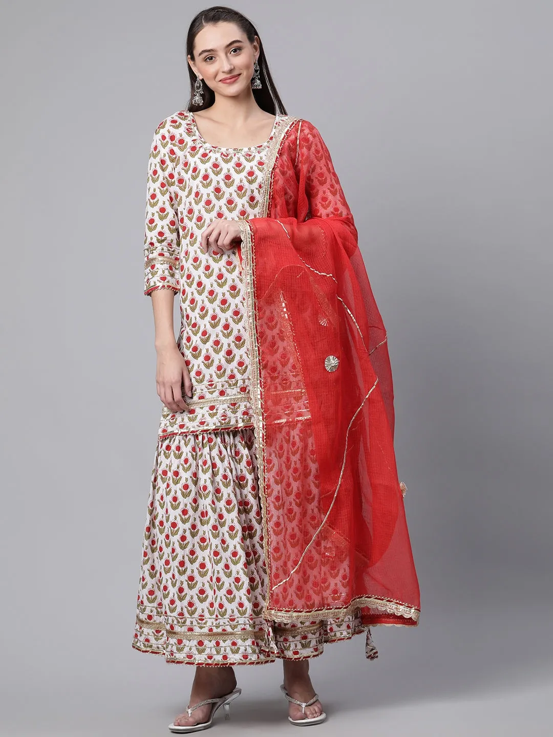 Women White Floral Print Cotton Kurta Set