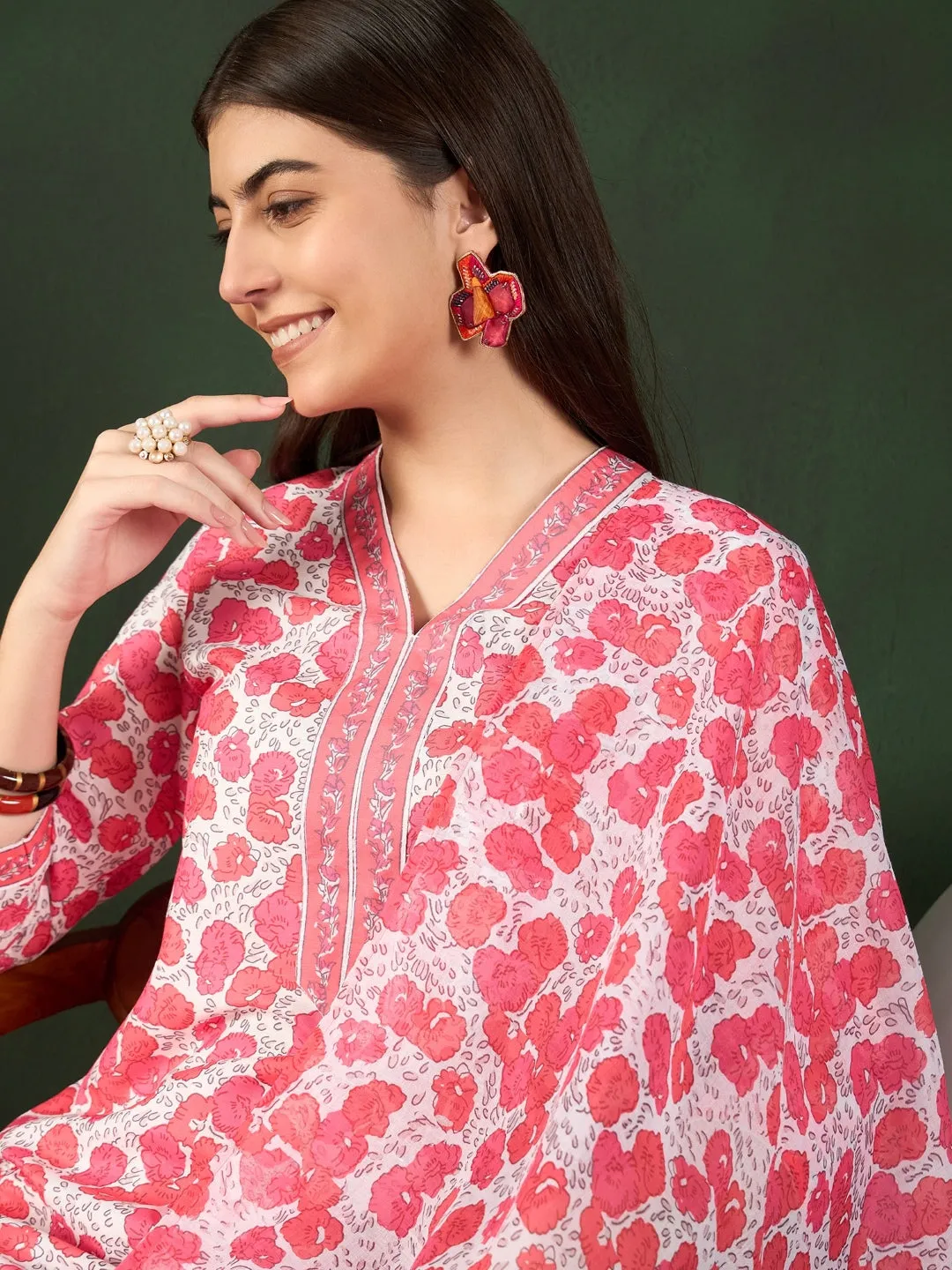 Women White Rayon Blend Floral Printed Straight Kurta Trouser With Dupatta