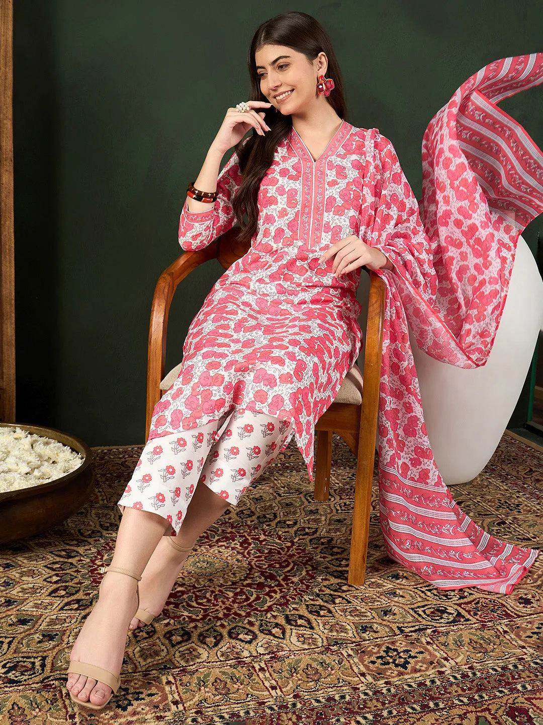 Women White Rayon Blend Floral Printed Straight Kurta Trouser With Dupatta