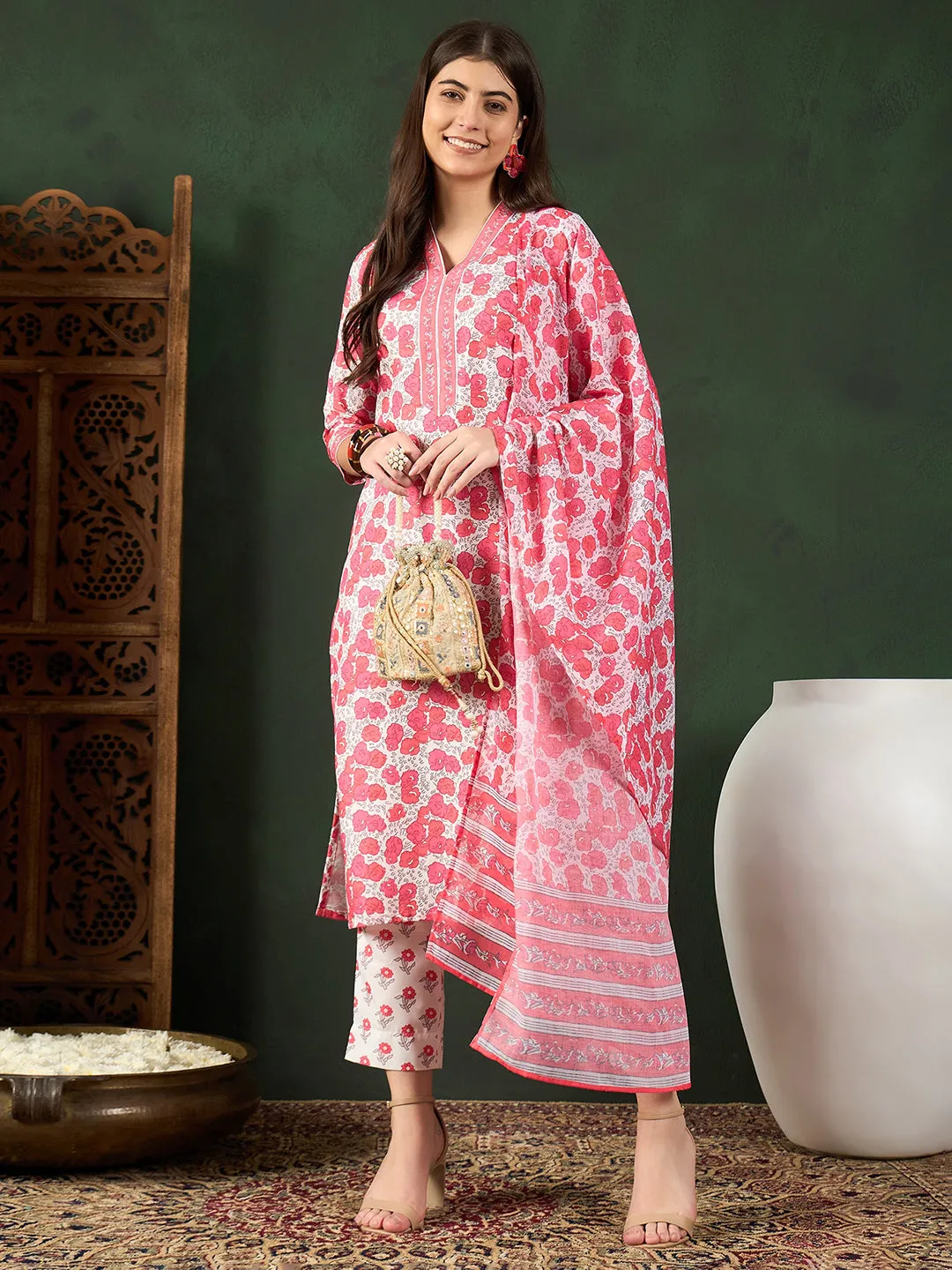 Women White Rayon Blend Floral Printed Straight Kurta Trouser With Dupatta