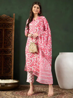 Women White Rayon Blend Floral Printed Straight Kurta Trouser With Dupatta