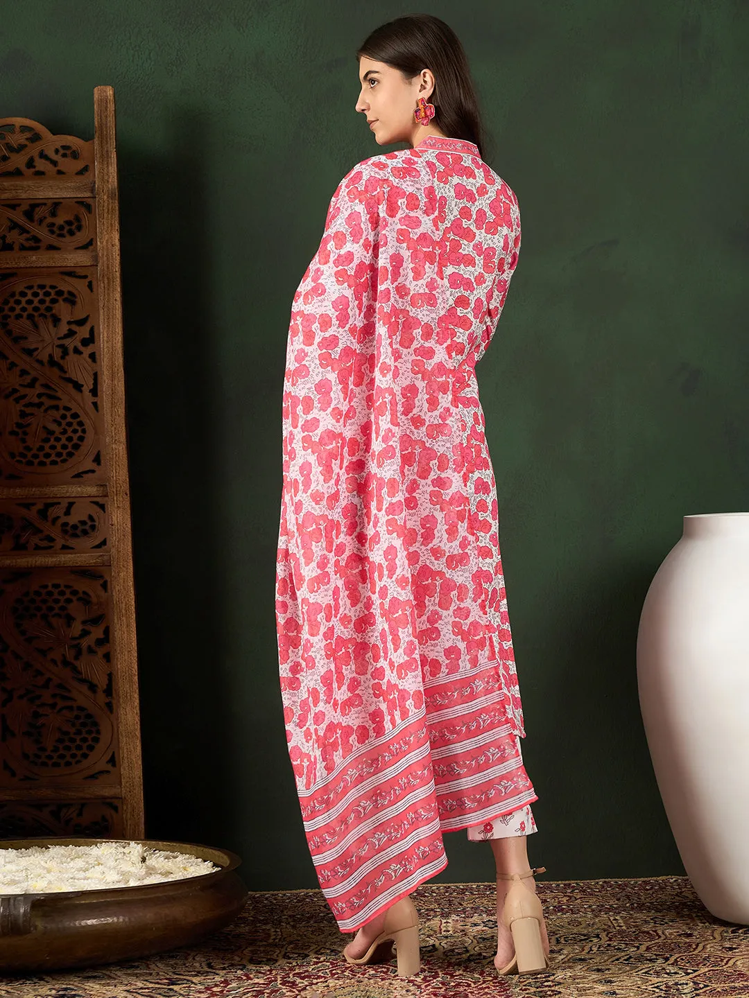 Women White Rayon Blend Floral Printed Straight Kurta Trouser With Dupatta