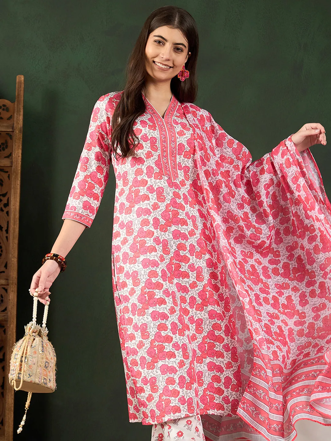 Women White Rayon Blend Floral Printed Straight Kurta Trouser With Dupatta