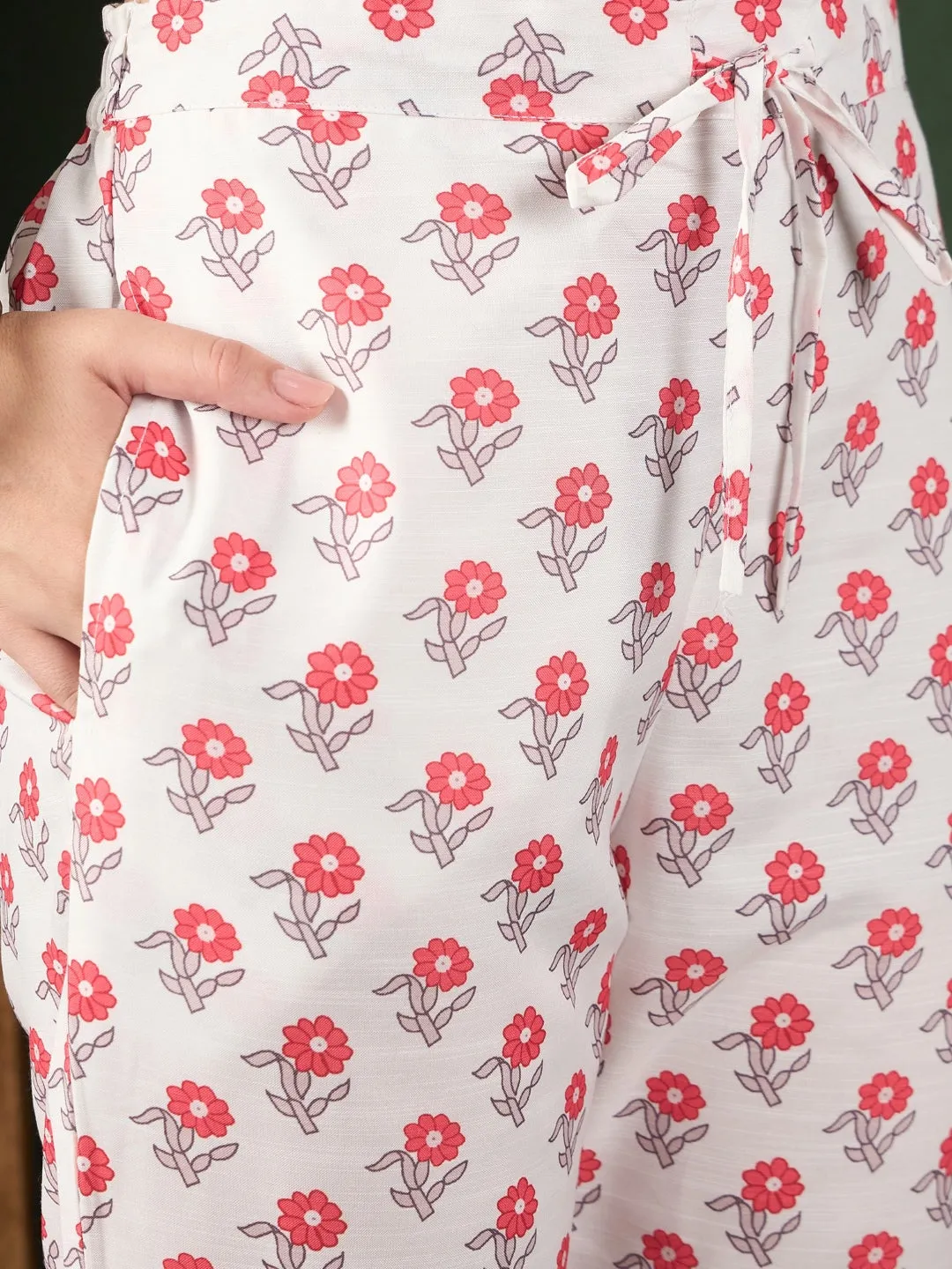 Women White Rayon Blend Floral Printed Straight Kurta Trouser With Dupatta