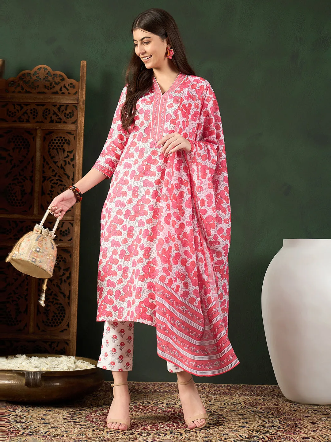 Women White Rayon Blend Floral Printed Straight Kurta Trouser With Dupatta