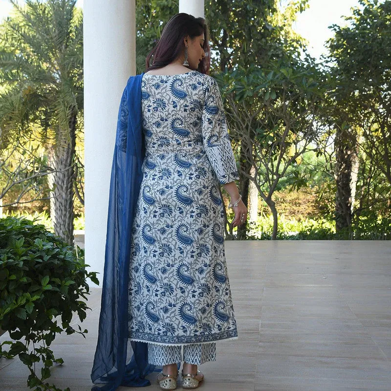 Women's Blue Cotton Floral Printed Kurta Pant Set With Dupatta
