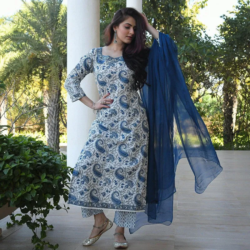 Women's Blue Cotton Floral Printed Kurta Pant Set With Dupatta