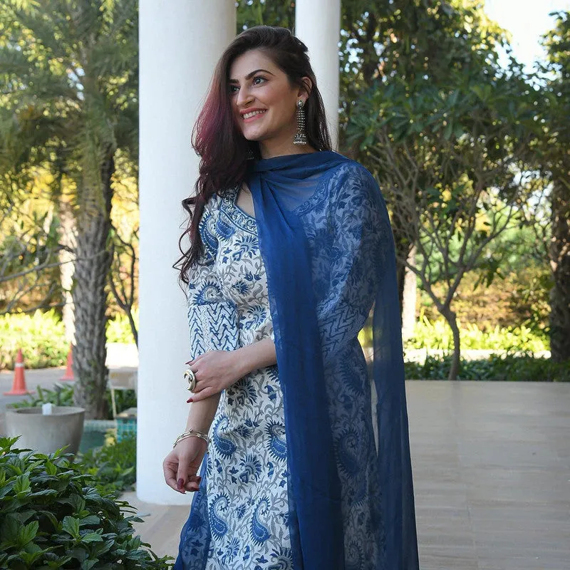 Women's Blue Cotton Floral Printed Kurta Pant Set With Dupatta