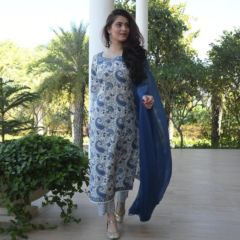 Women's Blue Cotton Floral Printed Kurta Pant Set With Dupatta