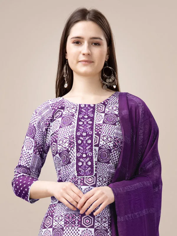 Womens Embroidered & Printed Purple Rayon Kurta Pant Set