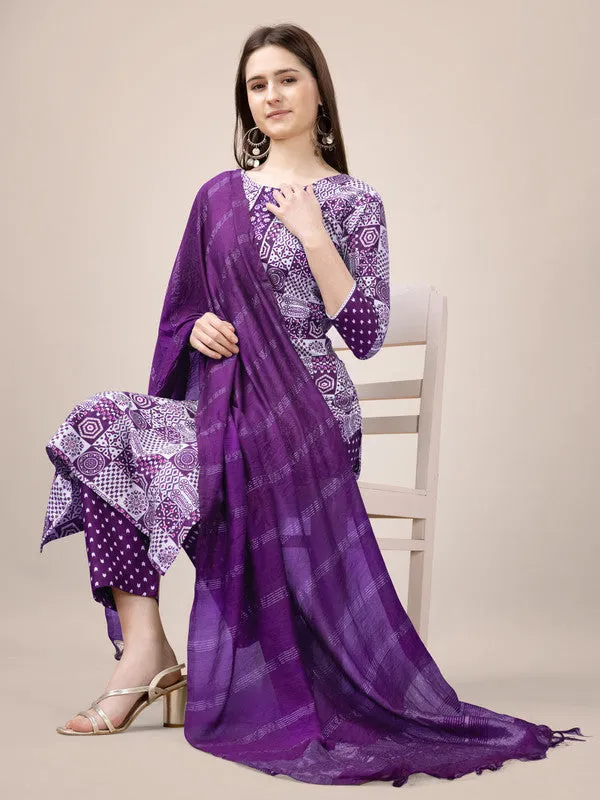 Womens Embroidered & Printed Purple Rayon Kurta Pant Set
