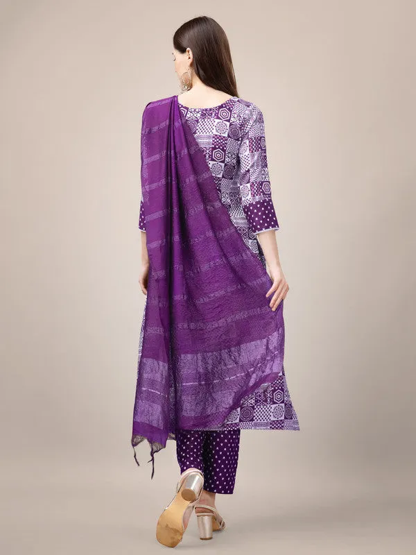 Womens Embroidered & Printed Purple Rayon Kurta Pant Set