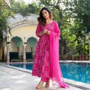 Women's Pink Cotton Bandhani Kurta Pant Set With Dupatta