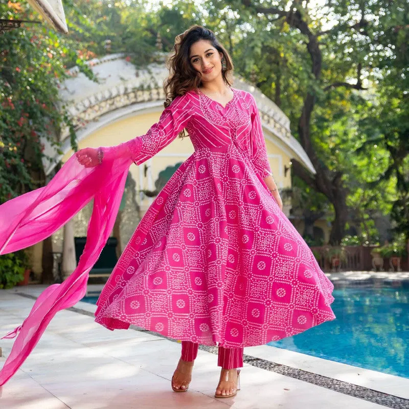 Women's Pink Cotton Bandhani Kurta Pant Set With Dupatta