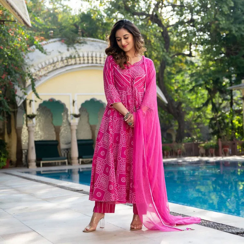 Women's Pink Cotton Bandhani Kurta Pant Set With Dupatta