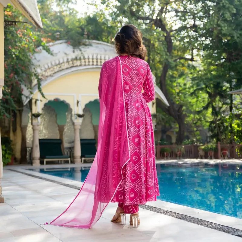 Women's Pink Cotton Bandhani Kurta Pant Set With Dupatta