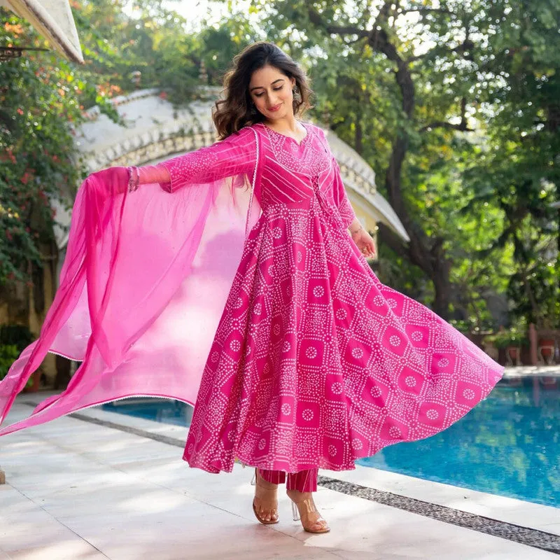 Women's Pink Cotton Bandhani Kurta Pant Set With Dupatta