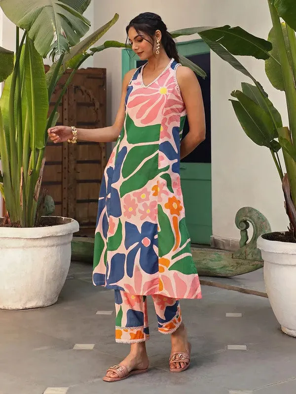 Women's Viscose Floral Printed Anarkali Kurta With Pant Set
